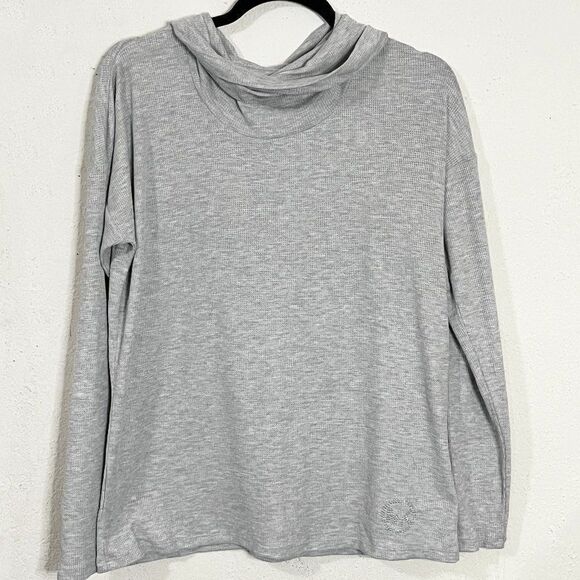 MICHAEL Michael Kors Gray Cowl Neck Waffle Knit Thermal Rhinestone Logo Top‎ NWT - Picture 1 of 13